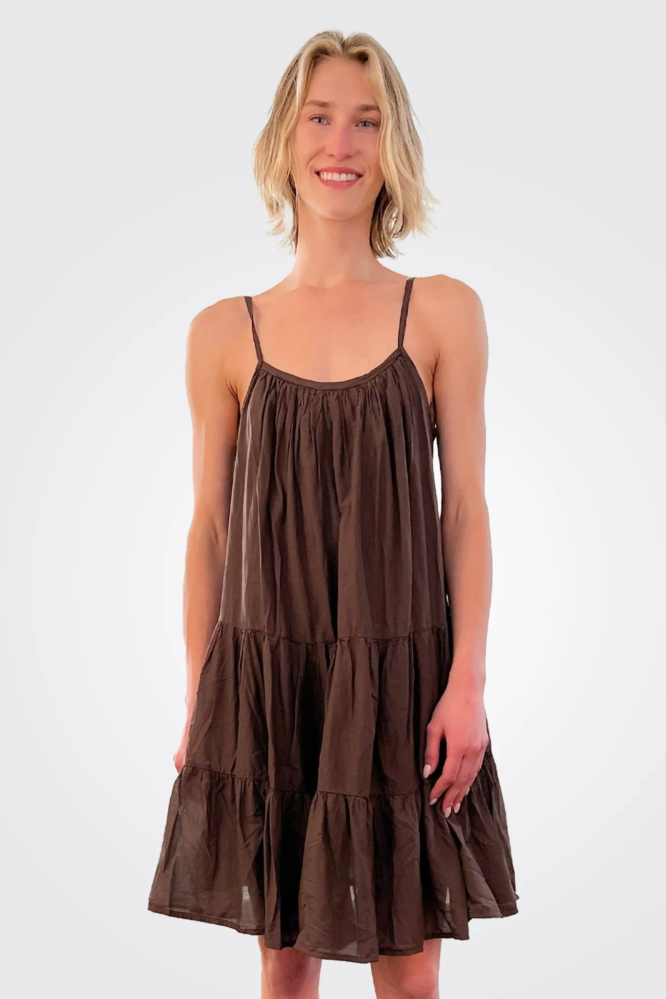 Pleated Tiered Cotton Slip Dress - Chocolate