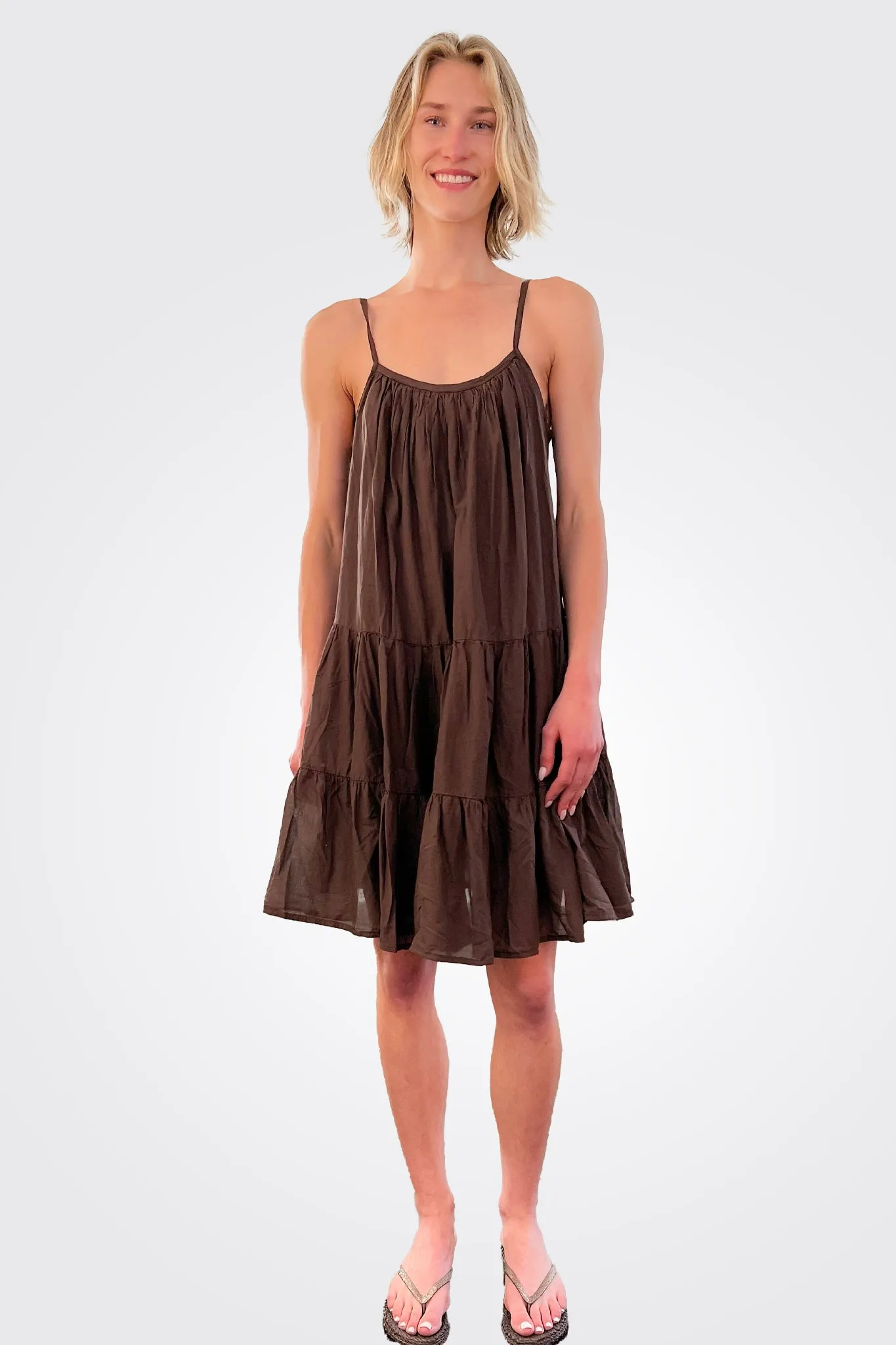 Pleated Tiered Cotton Slip Dress - Chocolate