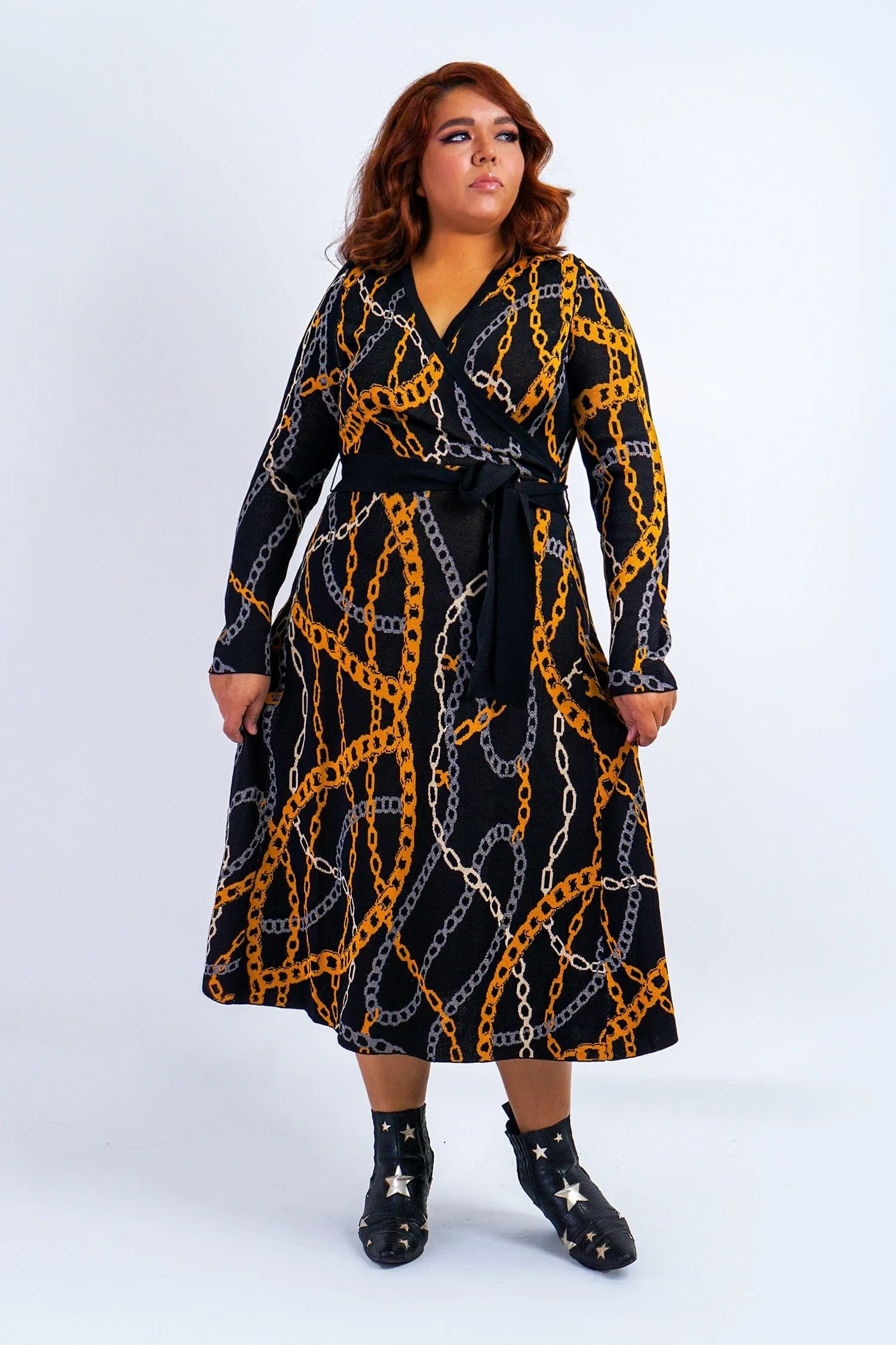 Plus Black Chain Print Knit Sweater Midi Dress