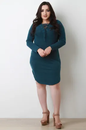 Plus Size Lace-Up Round Hem Sweater Dress