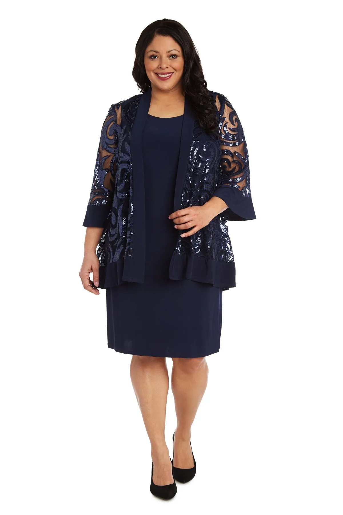 Plus Size Sparkling Sequin Two-Piece Jacket Dress & Necklace