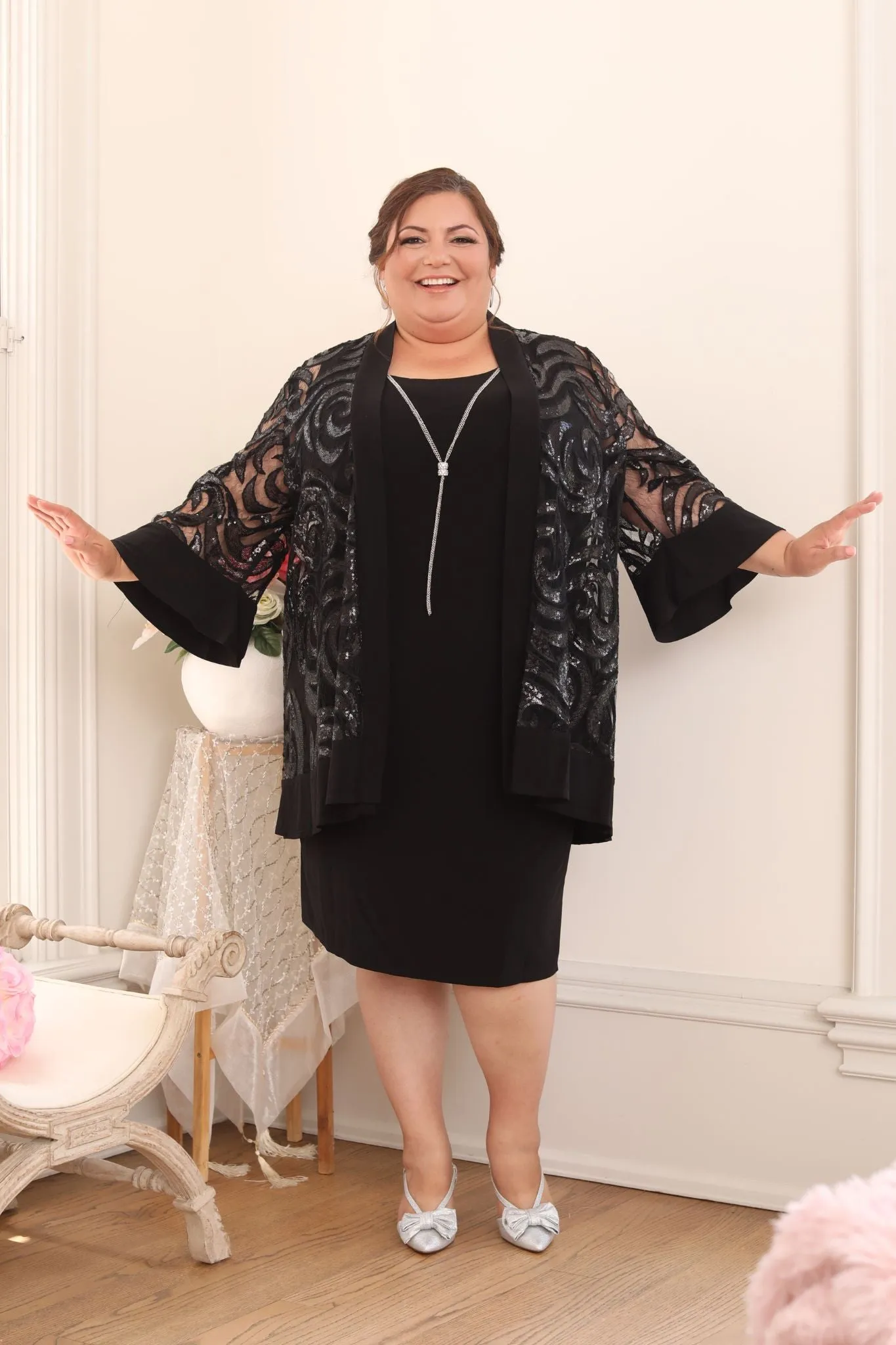 Plus Size Sparkling Sequin Two-Piece Jacket Dress & Necklace