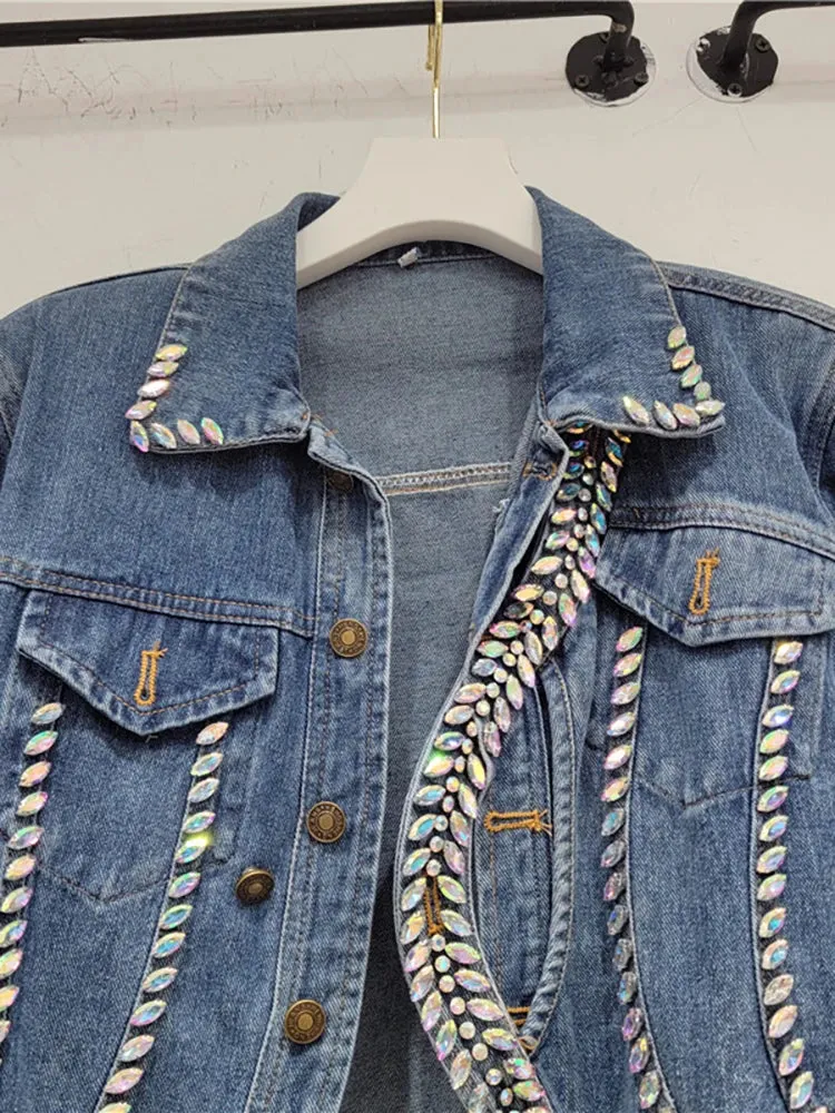 Pre Order:  Denim Splicing Asymmetry Crystal Single Breasted Jacket