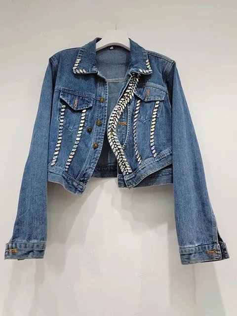 Pre Order:  Denim Splicing Asymmetry Crystal Single Breasted Jacket