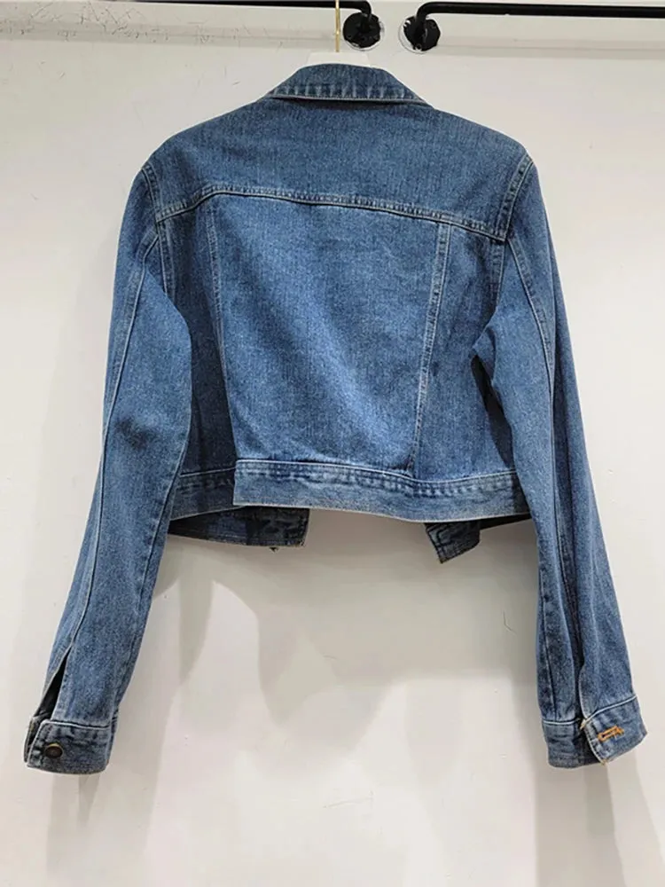 Pre Order:  Denim Splicing Asymmetry Crystal Single Breasted Jacket