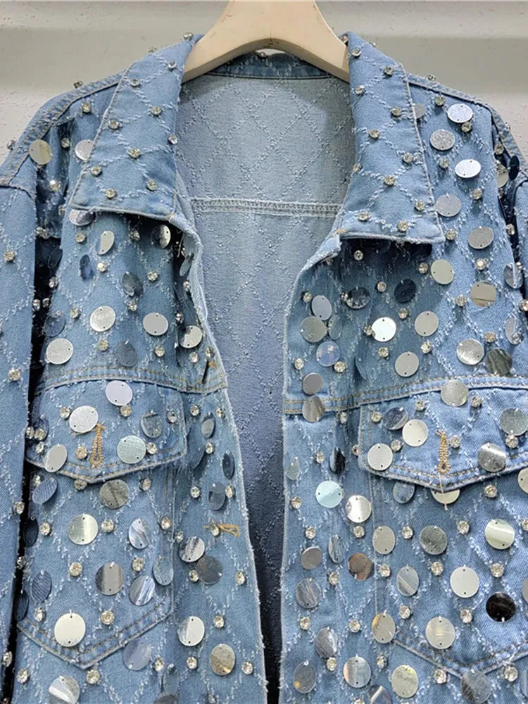 Pre Order:  Diamond Shaped Rhinestone Sequin Old Blue Denim Jacket