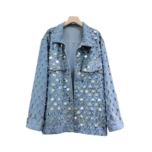 Pre Order:  Diamond Shaped Rhinestone Sequin Old Blue Denim Jacket