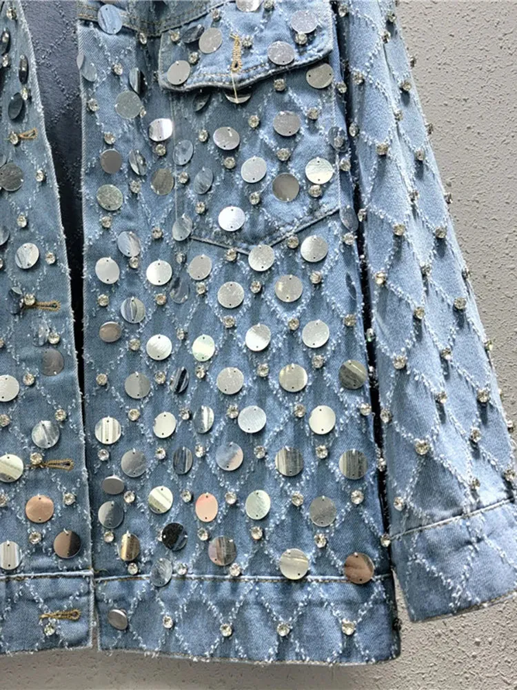 Pre Order:  Diamond Shaped Rhinestone Sequin Old Blue Denim Jacket