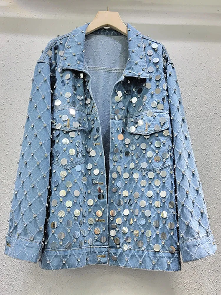 Pre Order:  Diamond Shaped Rhinestone Sequin Old Blue Denim Jacket