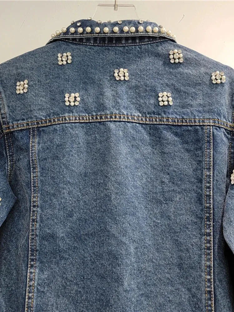 Pre Order:  Pearl Diamond Embroidered Long Sleeved Denim Jacket