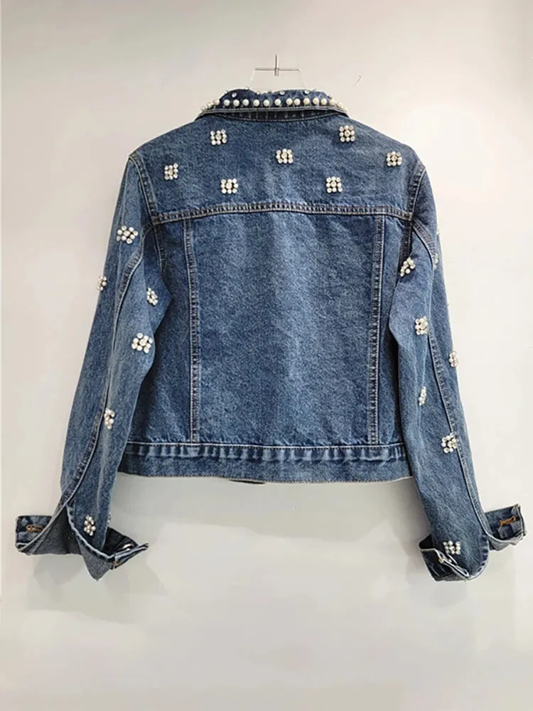 Pre Order:  Pearl Diamond Embroidered Long Sleeved Denim Jacket