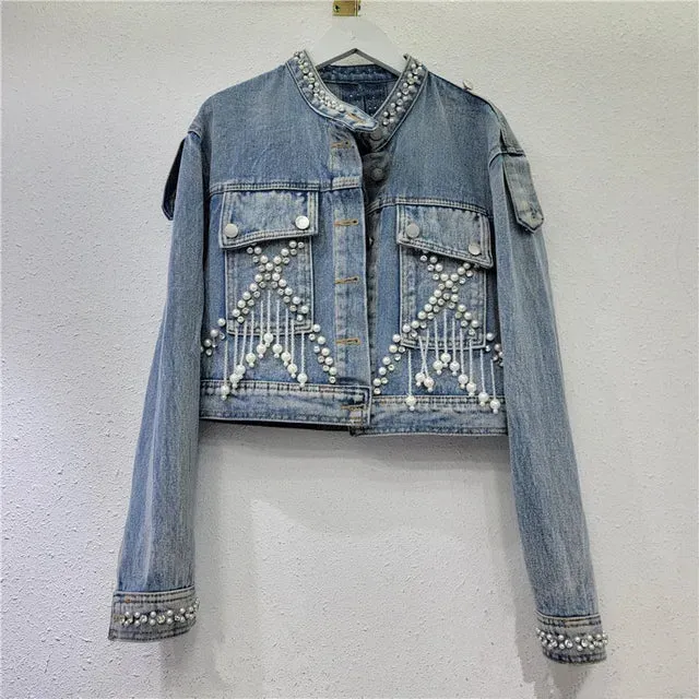 Pre Order:  Pearl Studded Diamond Fringed Hollow Back Denim Jacket