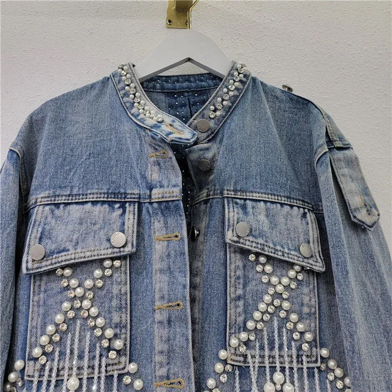 Pre Order:  Pearl Studded Diamond Fringed Hollow Back Denim Jacket