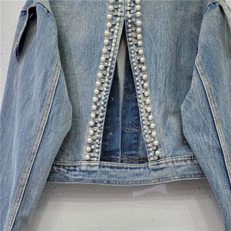 Pre Order:  Pearl Studded Diamond Fringed Hollow Back Denim Jacket