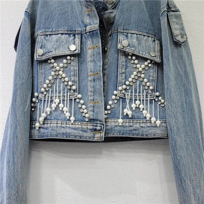 Pre Order:  Pearl Studded Diamond Fringed Hollow Back Denim Jacket