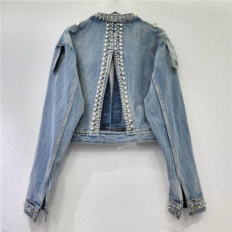 Pre Order:  Pearl Studded Diamond Fringed Hollow Back Denim Jacket