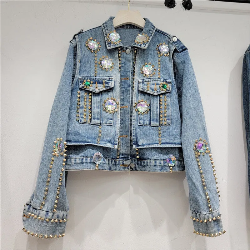 Pre Order:  Rhinestone Nail Bead Short Denim Jacket