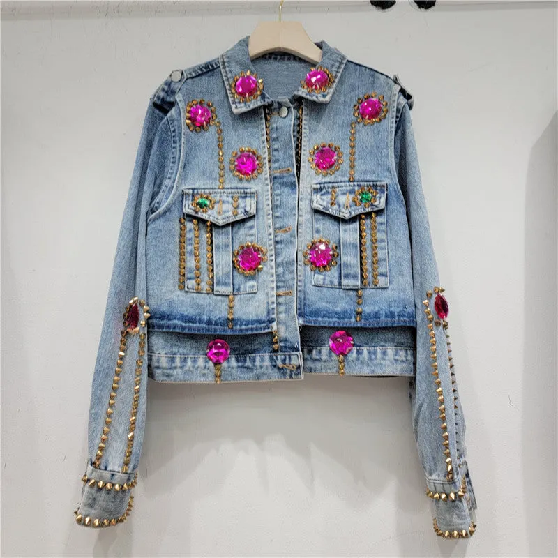 Pre Order:  Rhinestone Nail Bead Short Denim Jacket