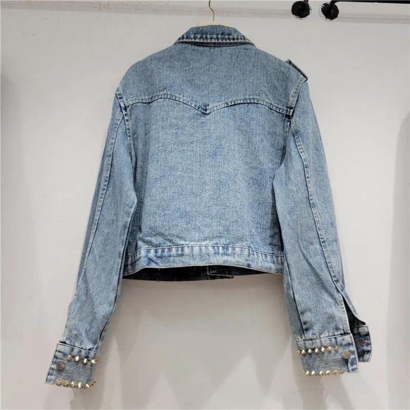 Pre Order:  Rhinestone Nail Bead Short Denim Jacket