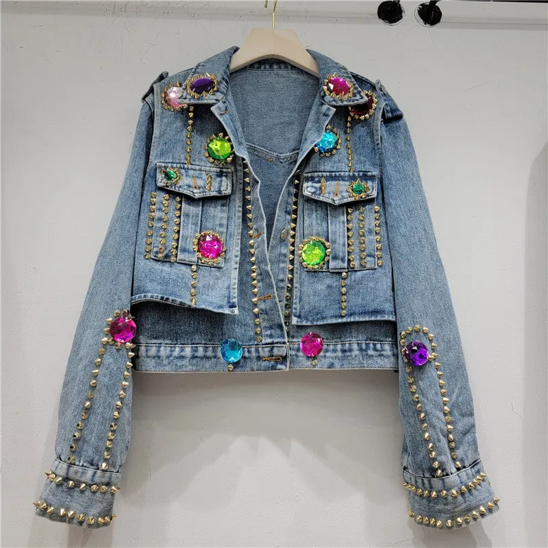 Pre Order:  Rhinestone Nail Bead Short Denim Jacket