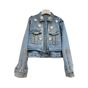 Pre Order:  Rhinestone Nail Bead Short Denim Jacket