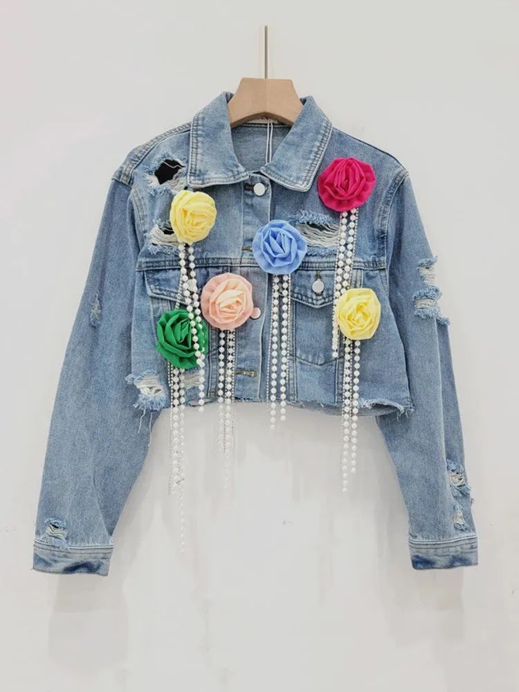 Pre Order:  Spliced Colorful Flower Diamond Tassel Denim Jacket