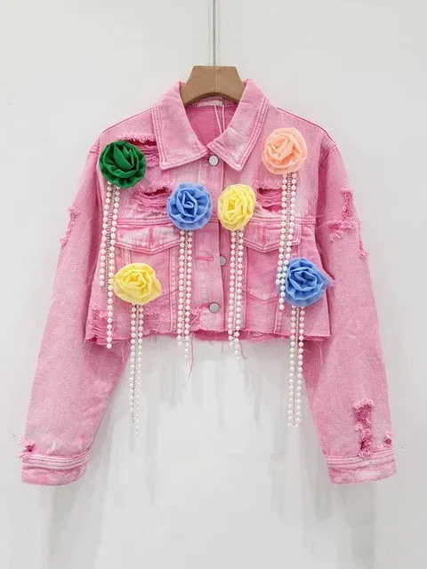 Pre Order:  Spliced Colorful Flower Diamond Tassel Denim Jacket