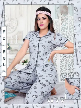 Printed Collar Top and Pajamas Grey Night Suit Set for girls