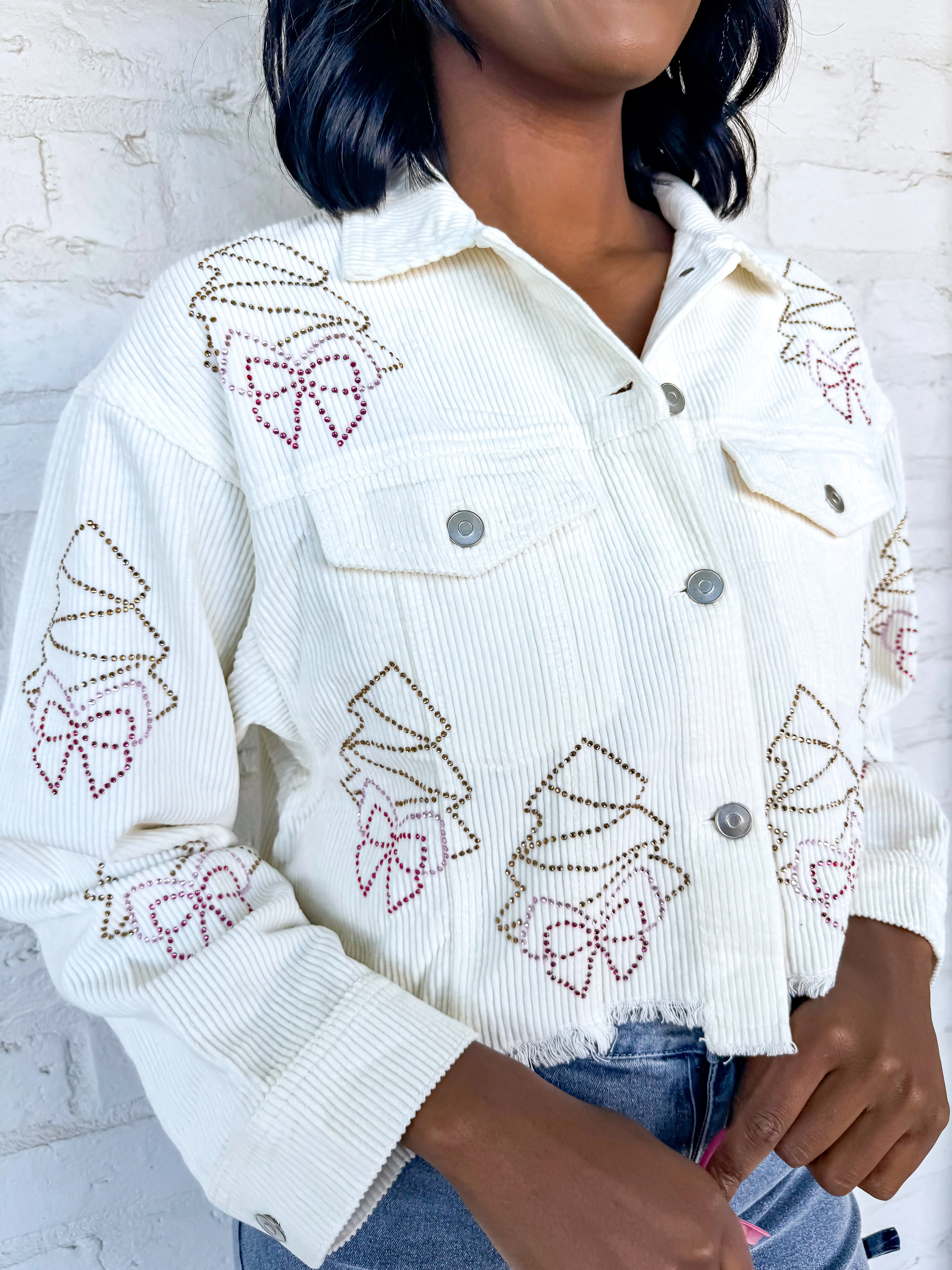 Queen of Christmas Tree and Bow Corduroy Cream Jacket