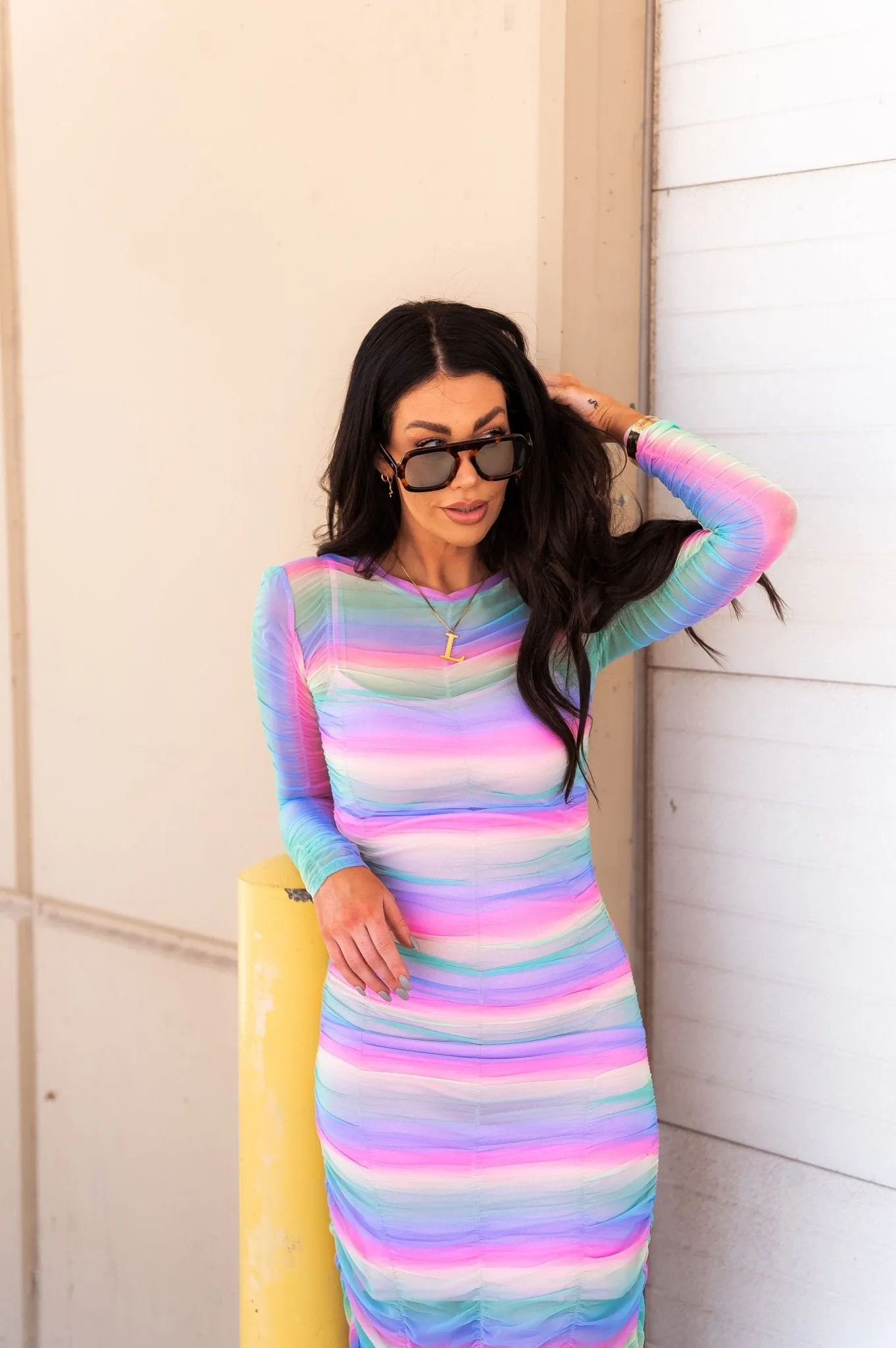 Queen of the World Ruched Mesh Dress   Slip in Candy Rainbow