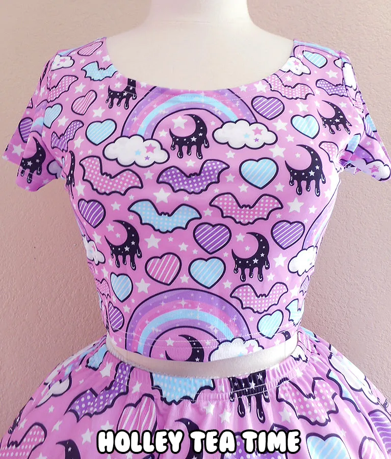 Rainbow Spooky Bats Pink Short Sleeve Crop Top [Made To Order]