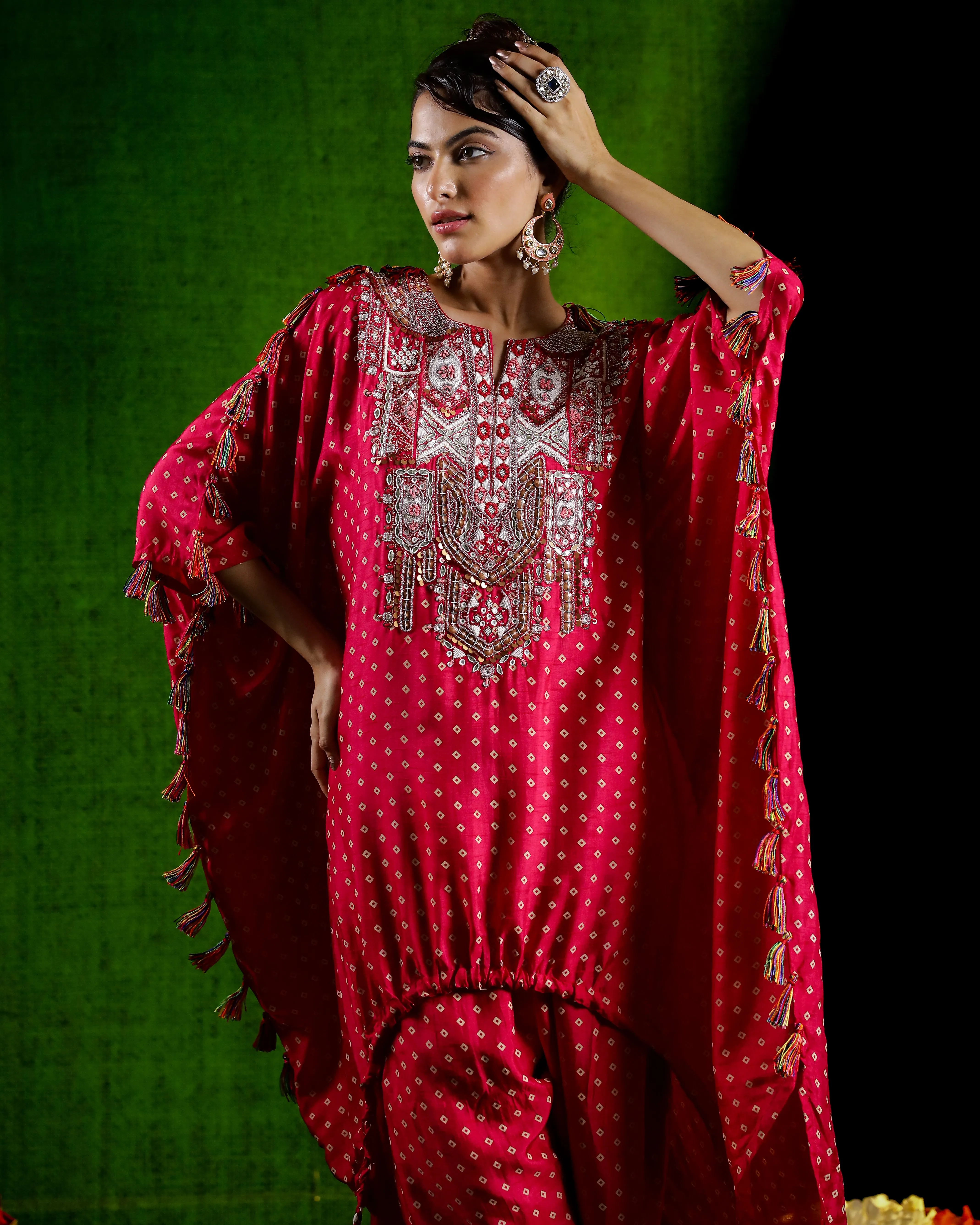 Rani Pink Embellished Spanish Silk Kaftan Set