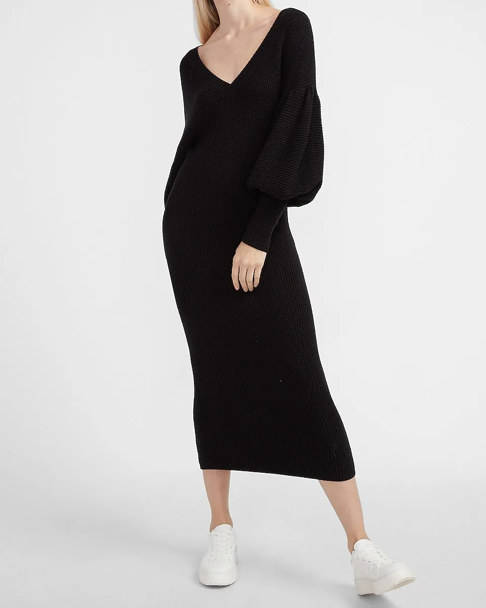 Ribbed Balloon Sleeve Sweater Dress in Pitch Black