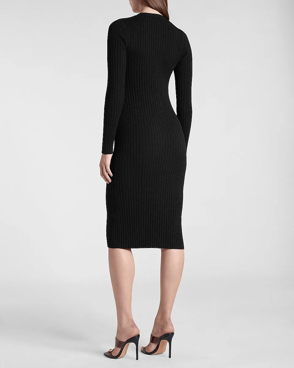 Ribbed Jewel Button Front Midi Sweater Dress in Pitch Black