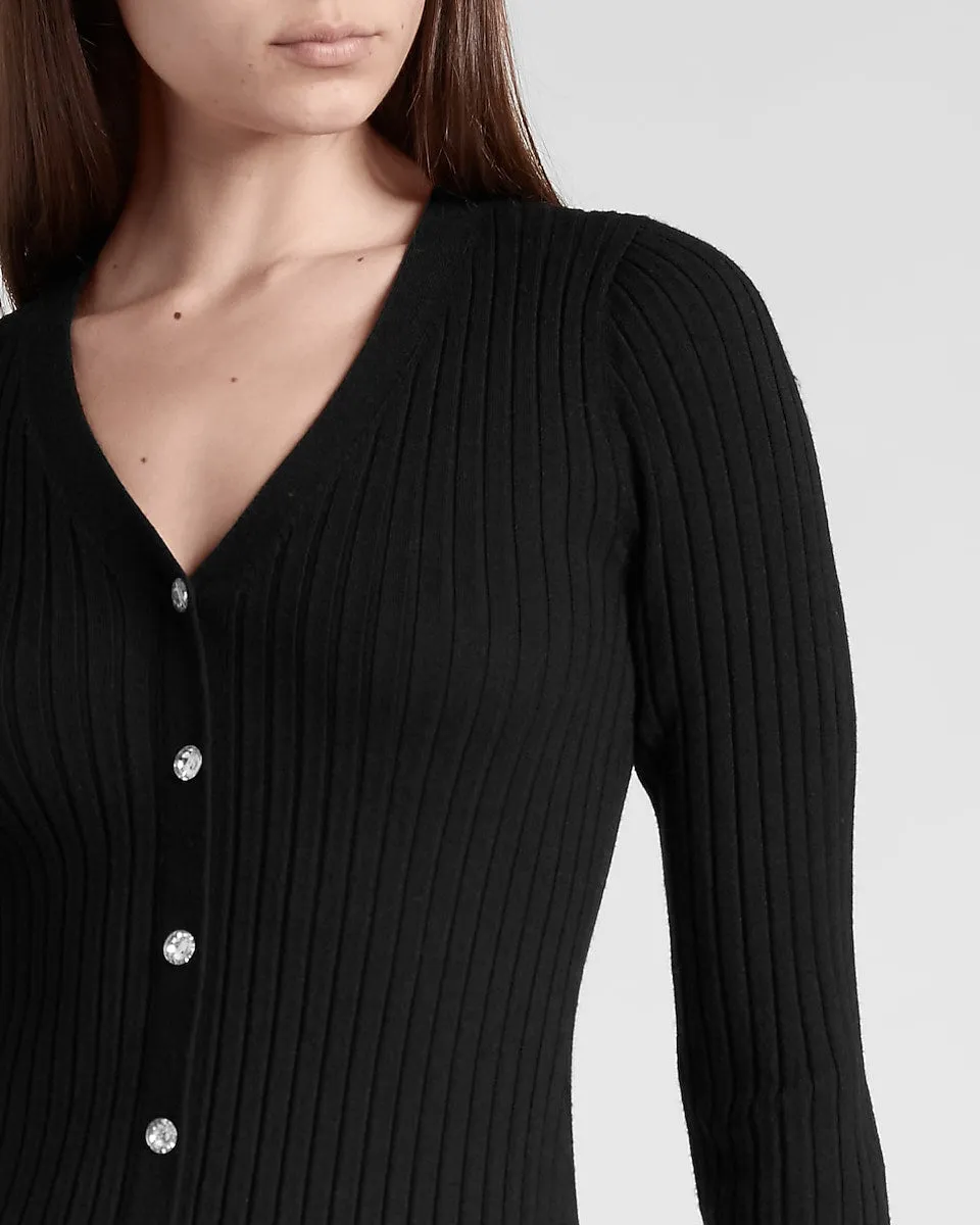 Ribbed Jewel Button Front Midi Sweater Dress in Pitch Black