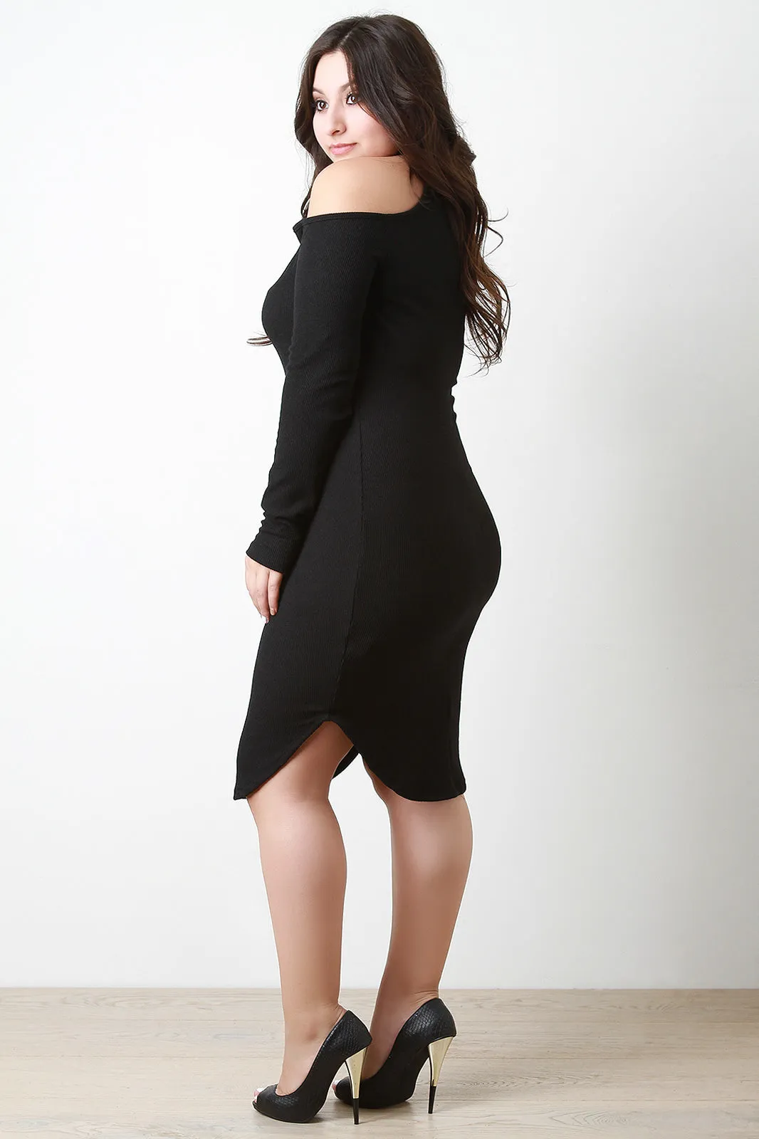 Ribbed Knit Cutaway Cold Shoulder Round Hem Dress