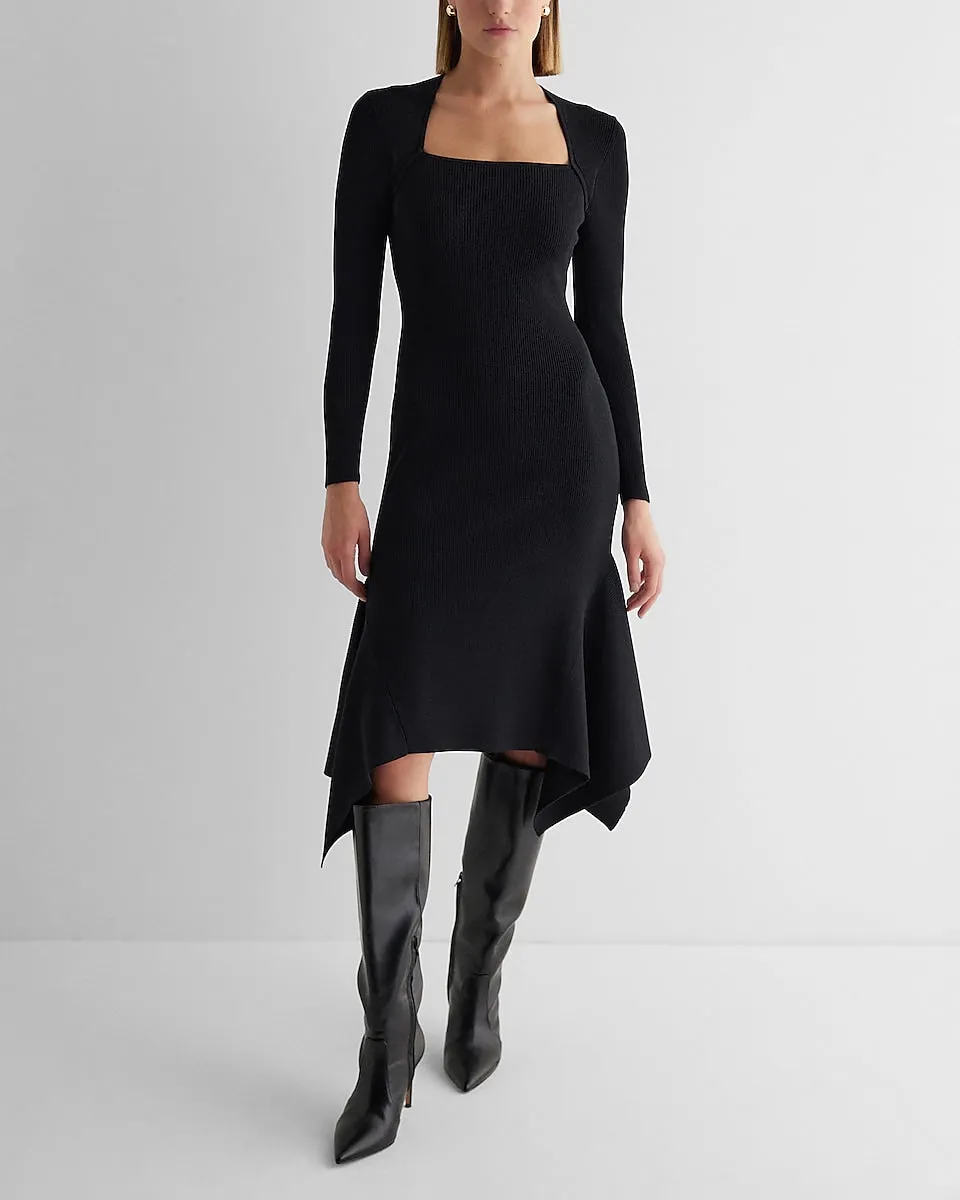 Ribbed Square Neck Asymmetrical Hem Midi Sweater Dress in Pitch Black