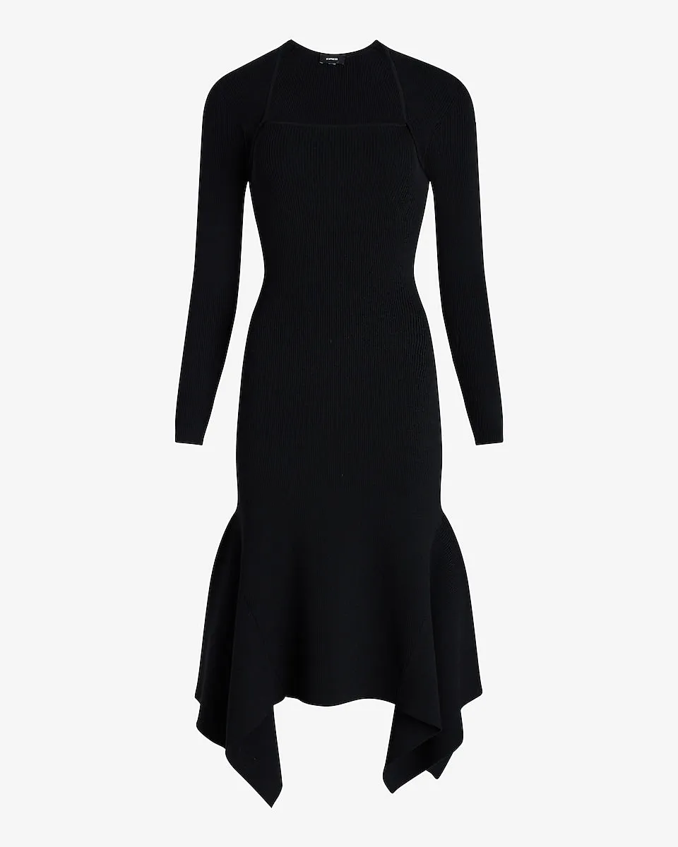 Ribbed Square Neck Asymmetrical Hem Midi Sweater Dress in Pitch Black