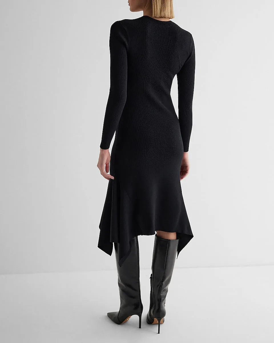 Ribbed Square Neck Asymmetrical Hem Midi Sweater Dress in Pitch Black