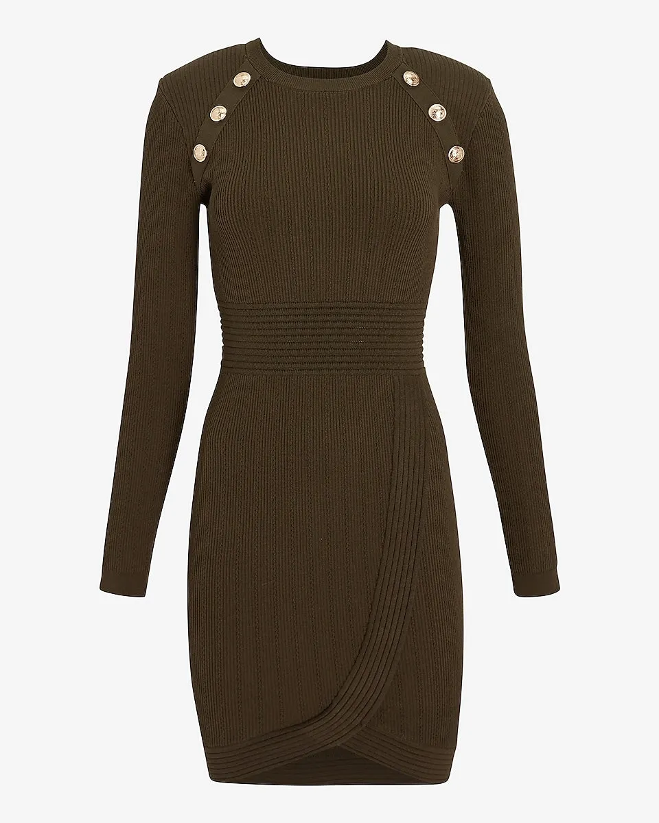 Ribbed Strong Shoulder Novelty Button Mini Sweater Dress in Olive Green