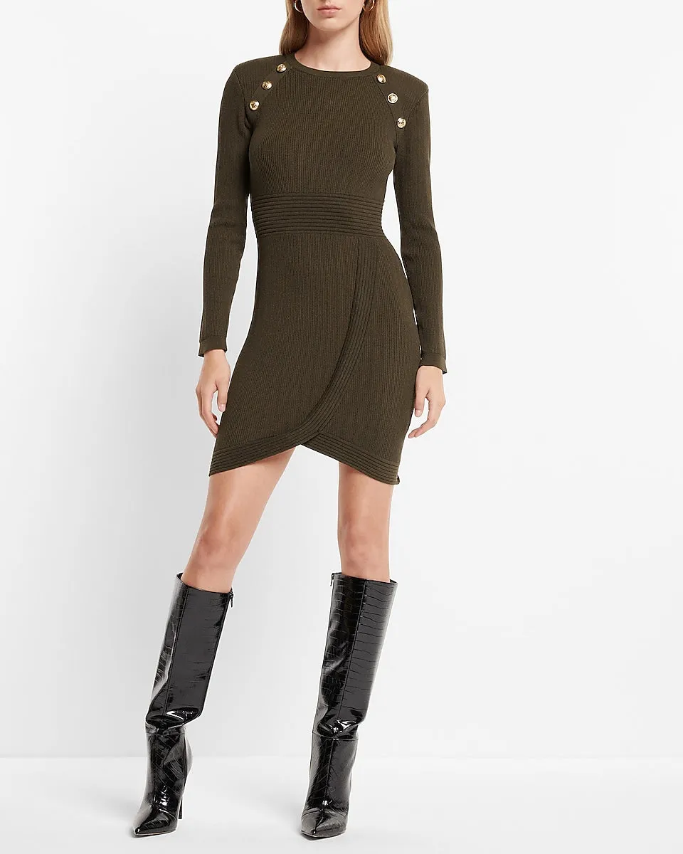 Ribbed Strong Shoulder Novelty Button Mini Sweater Dress in Olive Green