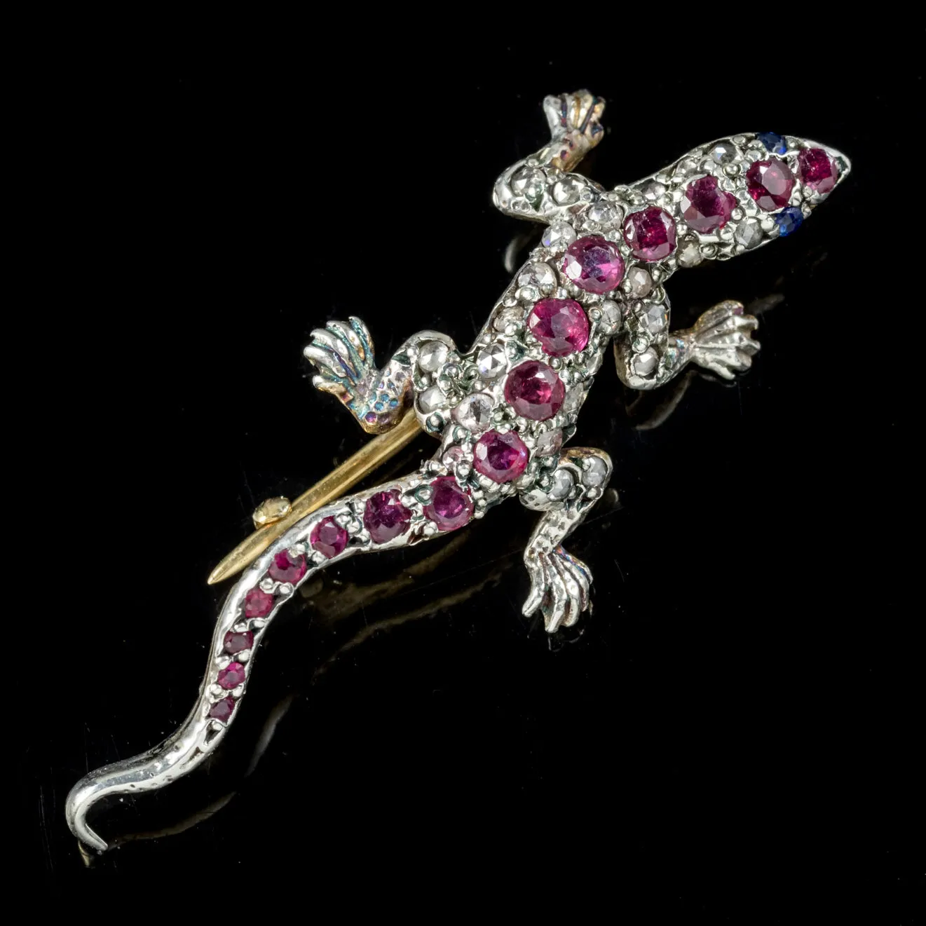 Ruby Diamond Lizard Brooch Silver 18Ct Gold