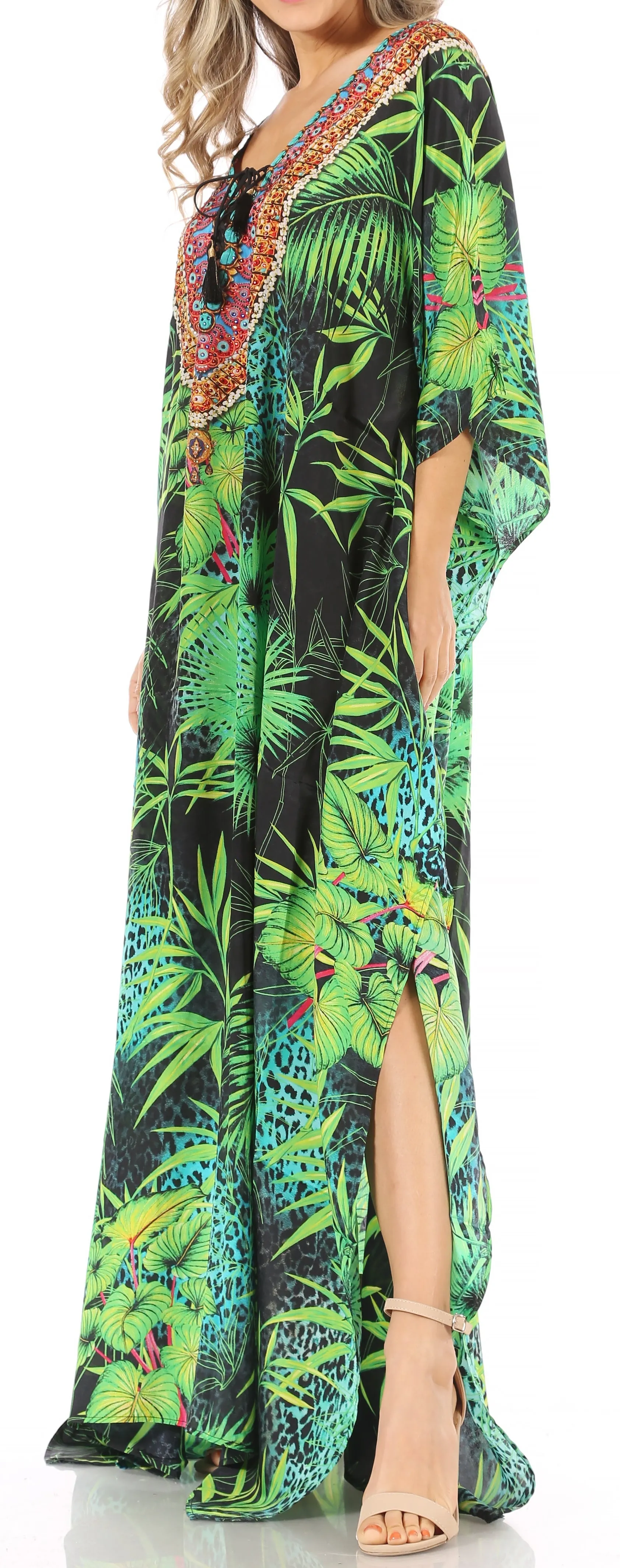 Sakkas Milanna Women's V neck Short Sleeve Vibrant Print Caftan Dress Cover-up