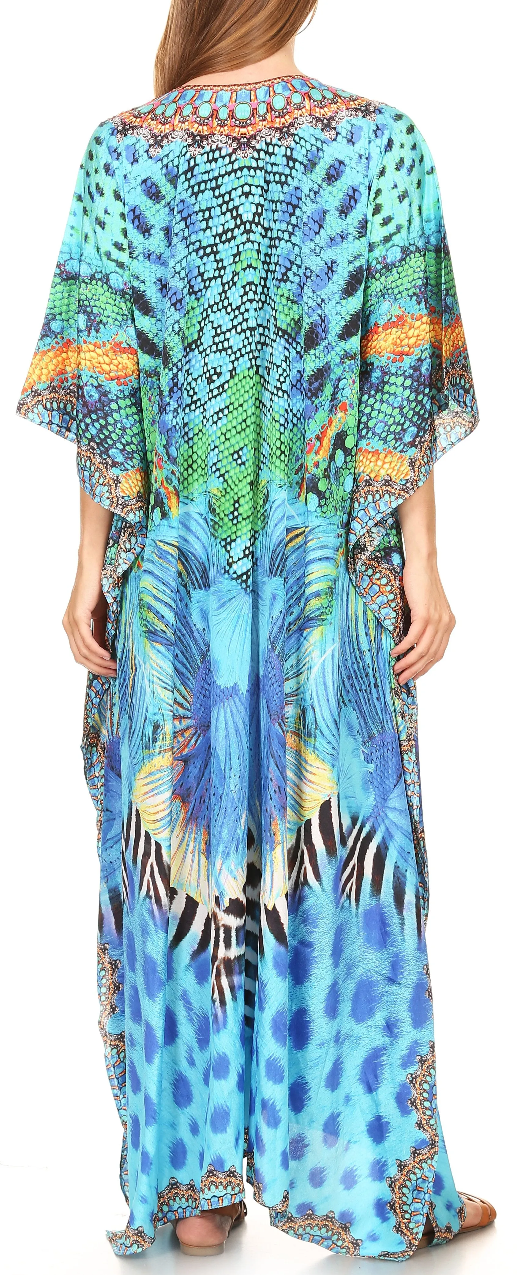 Sakkas Milanna Women's V neck Short Sleeve Vibrant Print Caftan Dress Cover-up