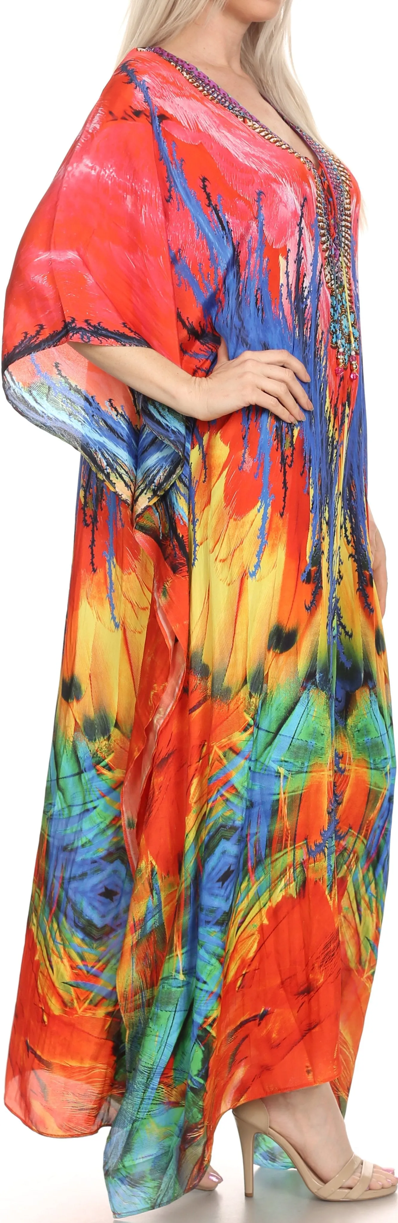 Sakkas Milanna Women's V neck Short Sleeve Vibrant Print Caftan Dress Cover-up