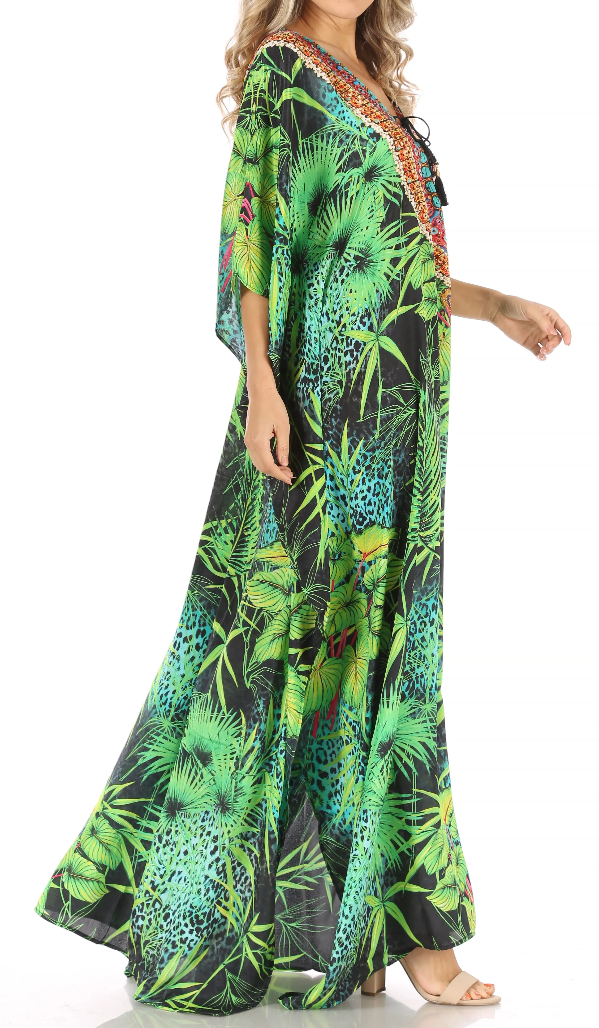 Sakkas Milanna Women's V neck Short Sleeve Vibrant Print Caftan Dress Cover-up