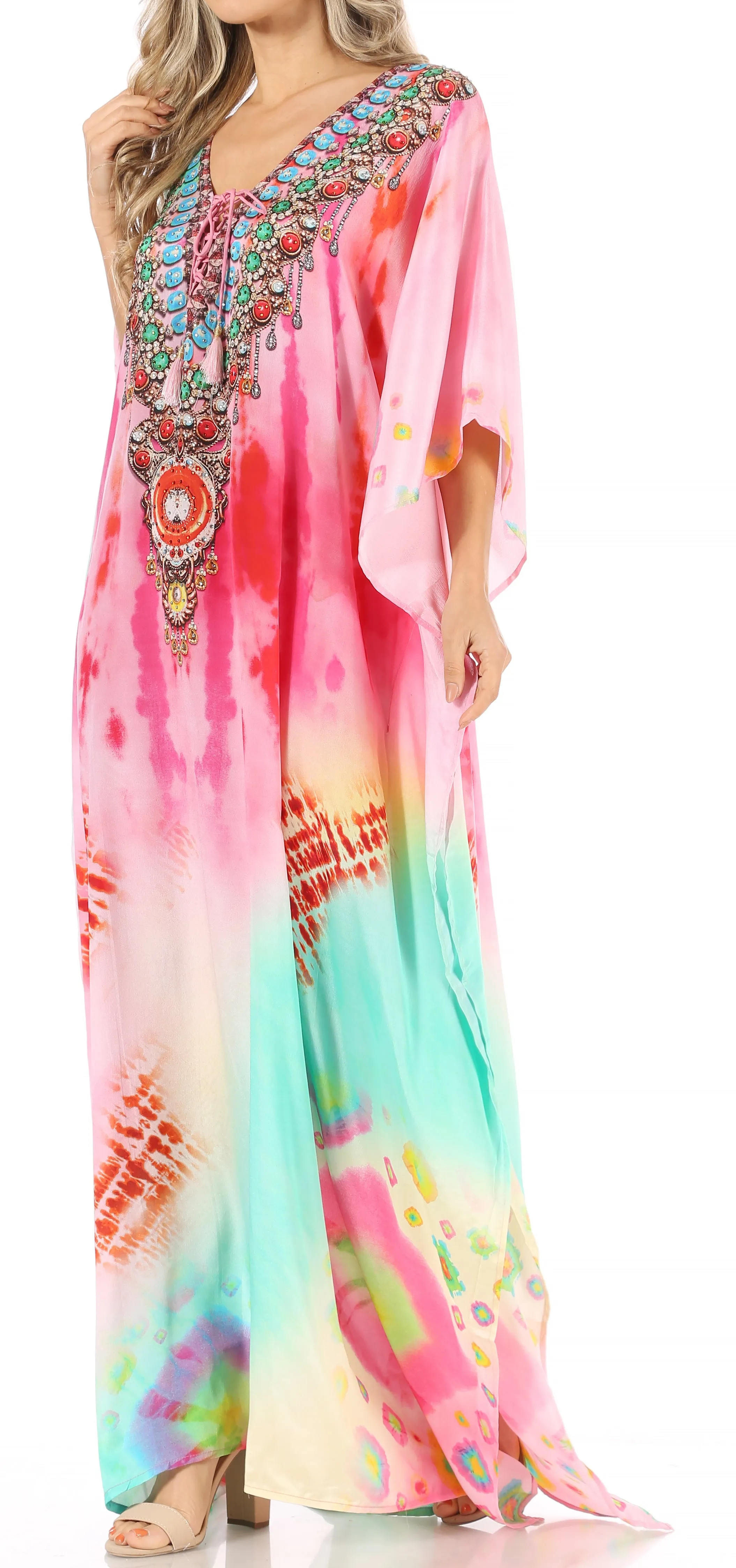 Sakkas Milanna Women's V neck Short Sleeve Vibrant Print Caftan Dress Cover-up