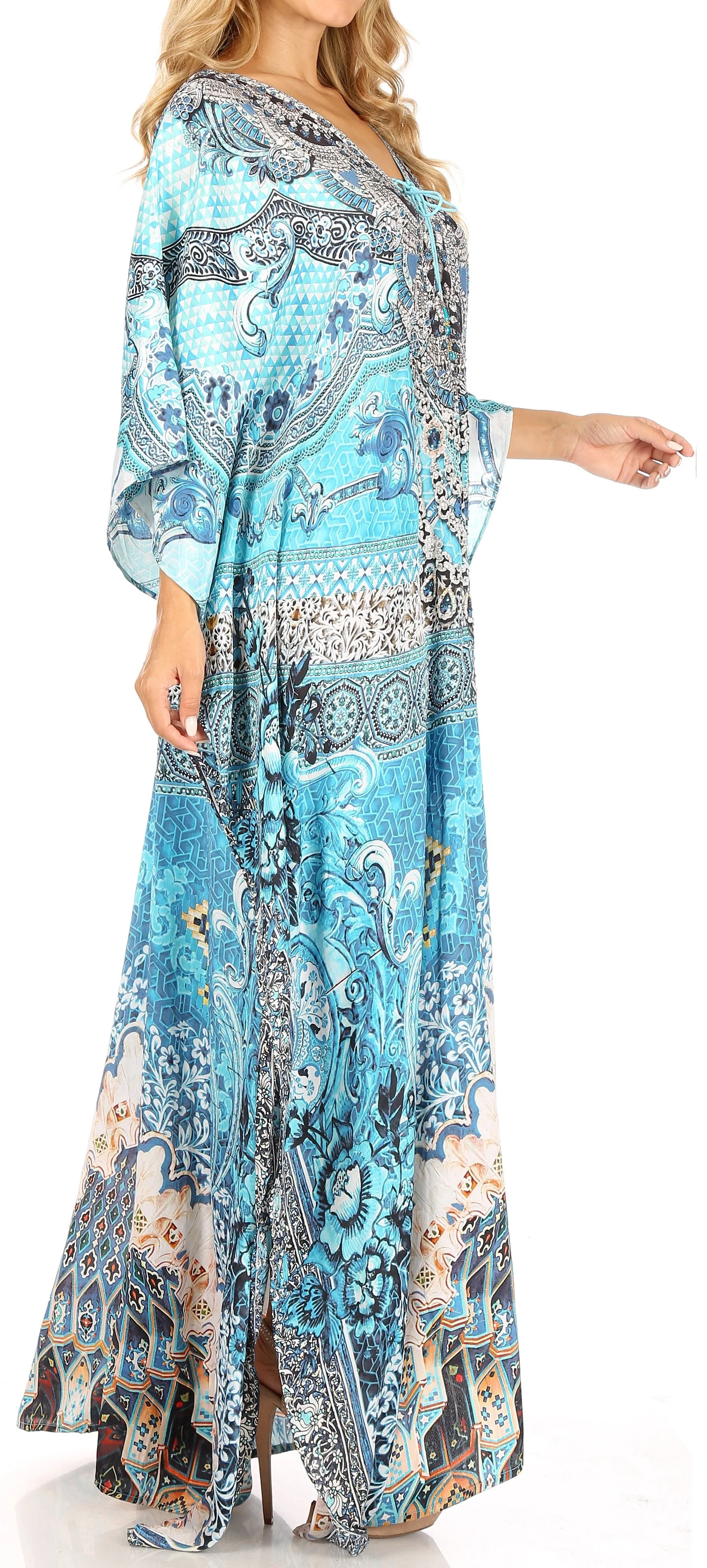 Sakkas Milanna Women's V neck Short Sleeve Vibrant Print Caftan Dress Cover-up