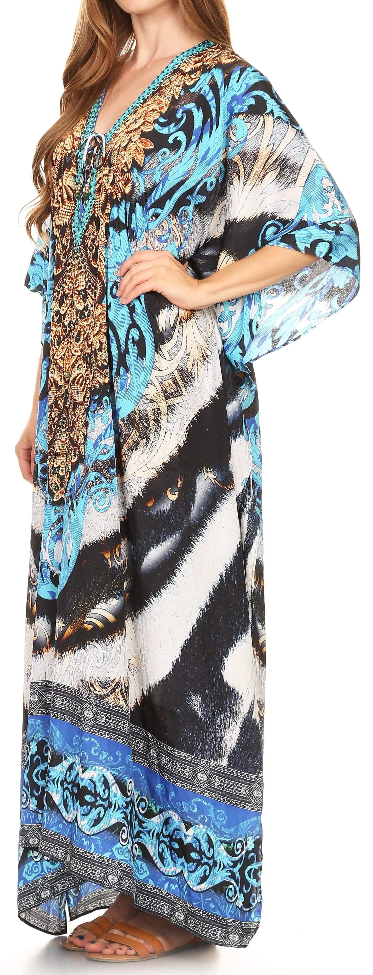 Sakkas Milanna Women's V neck Short Sleeve Vibrant Print Caftan Dress Cover-up