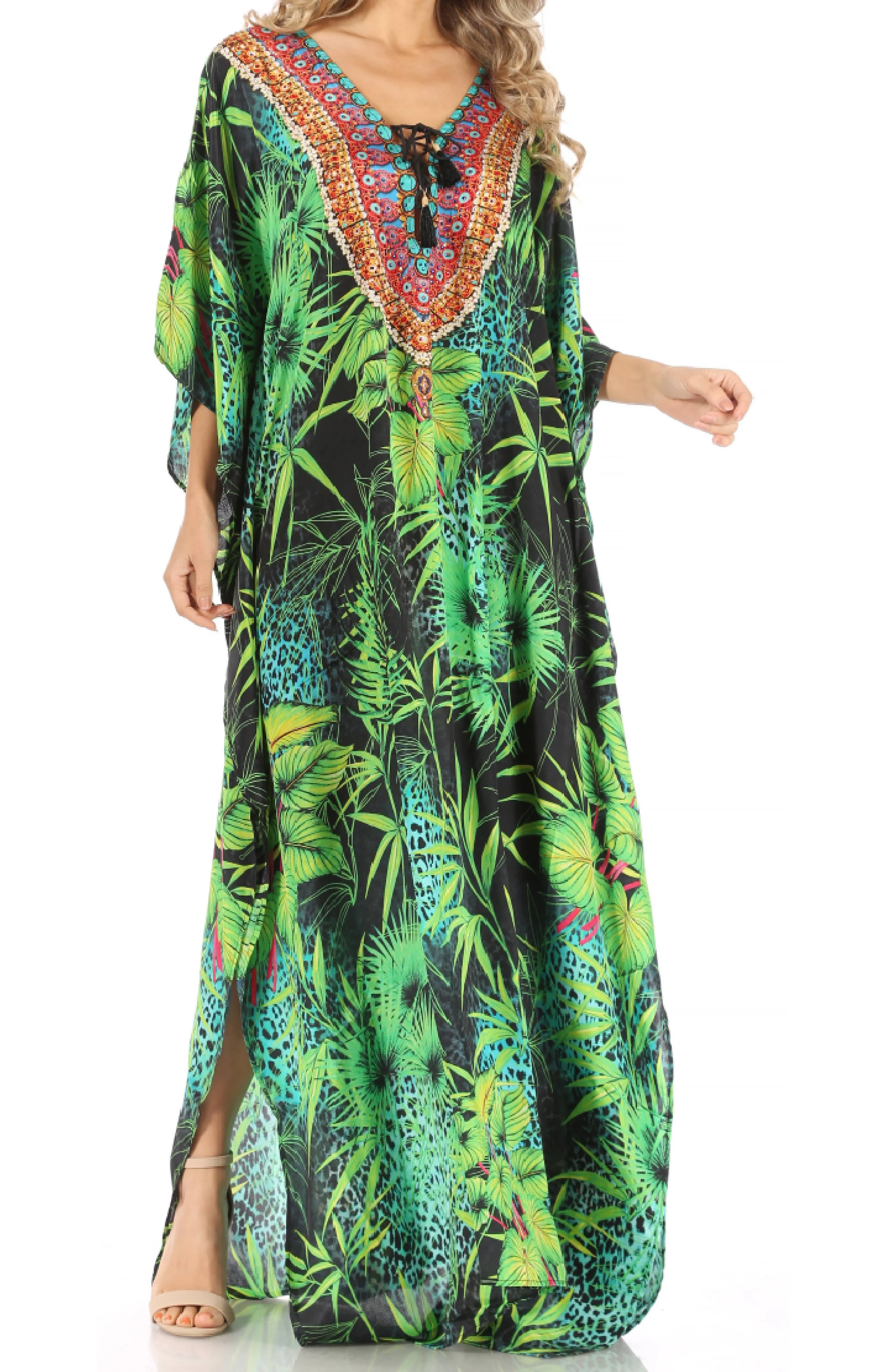 Sakkas Milanna Women's V neck Short Sleeve Vibrant Print Caftan Dress Cover-up